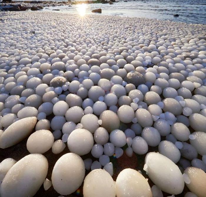 На пляже острова Хайлуото в Финляндии появились «ледяные яйца», но скоро растаяли. Счастливчикам удалось запечатлеть это явление