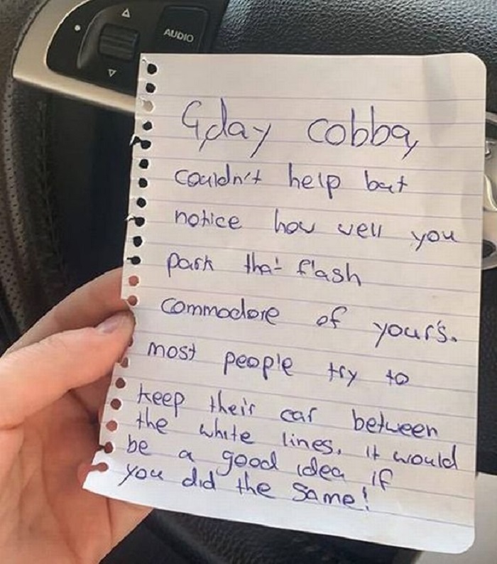 Женщина нашла на лобовом стекле своей машины саркастическую записку от соседа: она ответила достойно