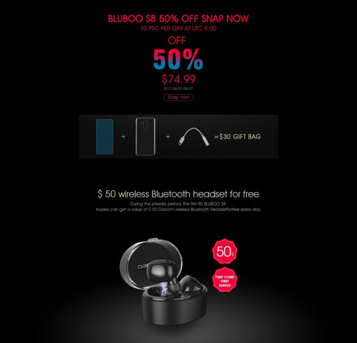 Первые 20 обладателей BLUBOO S8 получат Bluetooth-гарнитуру
