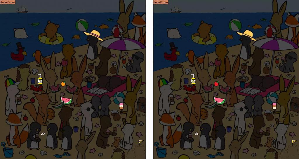 Между двумя картинками "пляжной вечеринки" 7 различий. Они - в мелких деталях