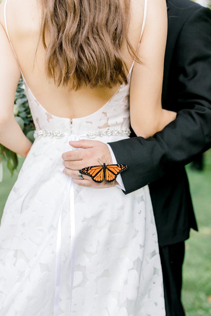 Свадебная фотосессия приобрела сказочный поворот после того, как к паре присоединилась бабочка