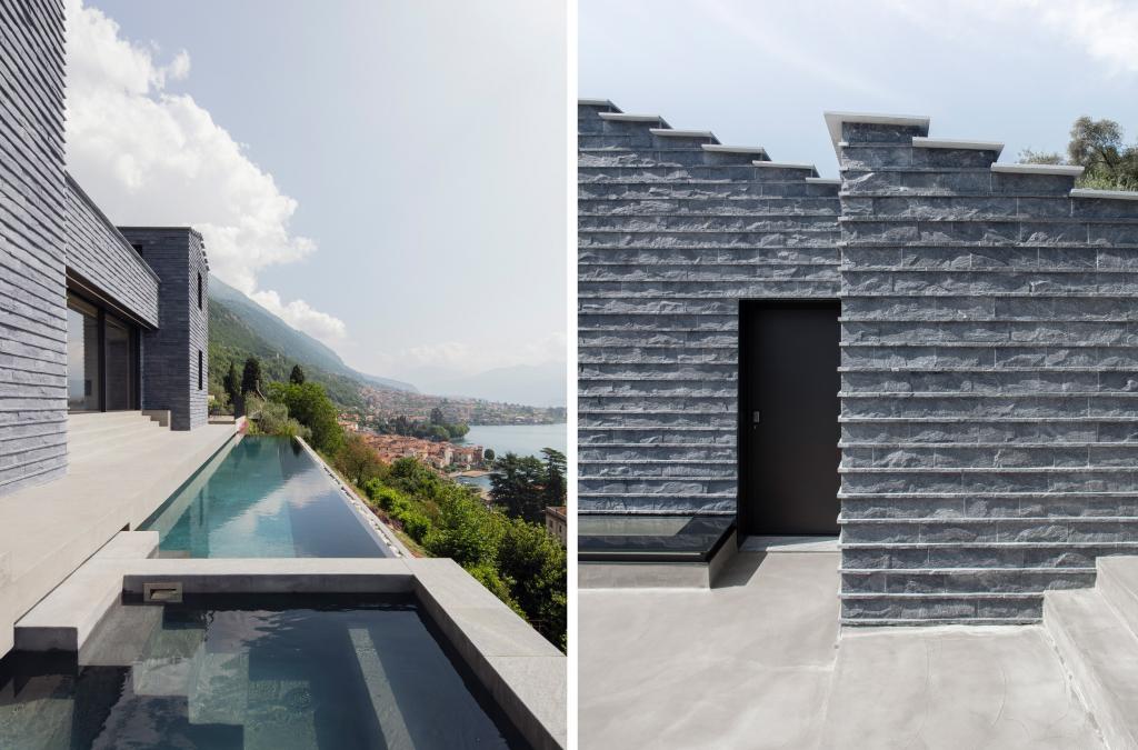 Итальянский архитектор спроектировал дом с фасадом из серого камня и бассейном на краю