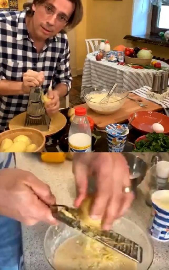 Максим Галкин в прямом эфире в Instagram приготовил картофельные блины на своей роскошной кухне