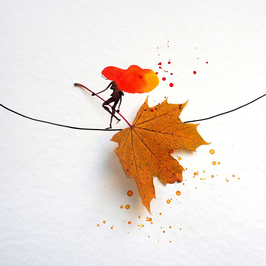 Гербарий на 5+: фотограф создает мечтательные сцены осени, используя засохшие листья, и пририсовывая к ним фигуры людей