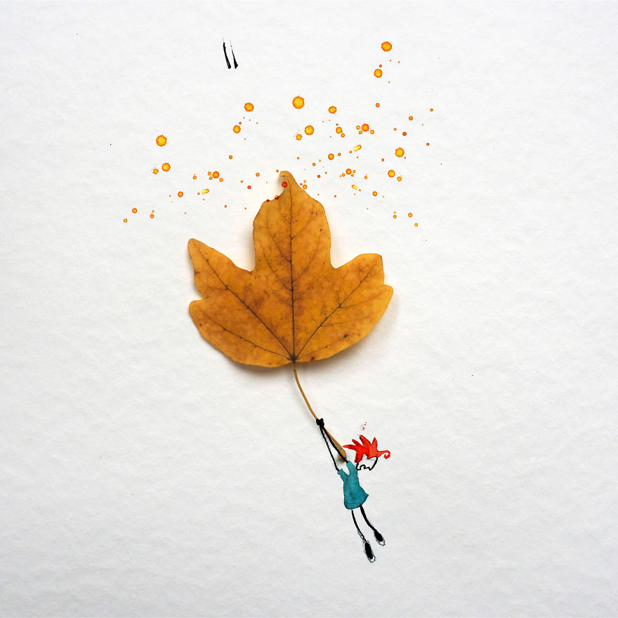 Гербарий на 5+: фотограф создает мечтательные сцены осени, используя засохшие листья, и пририсовывая к ним фигуры людей