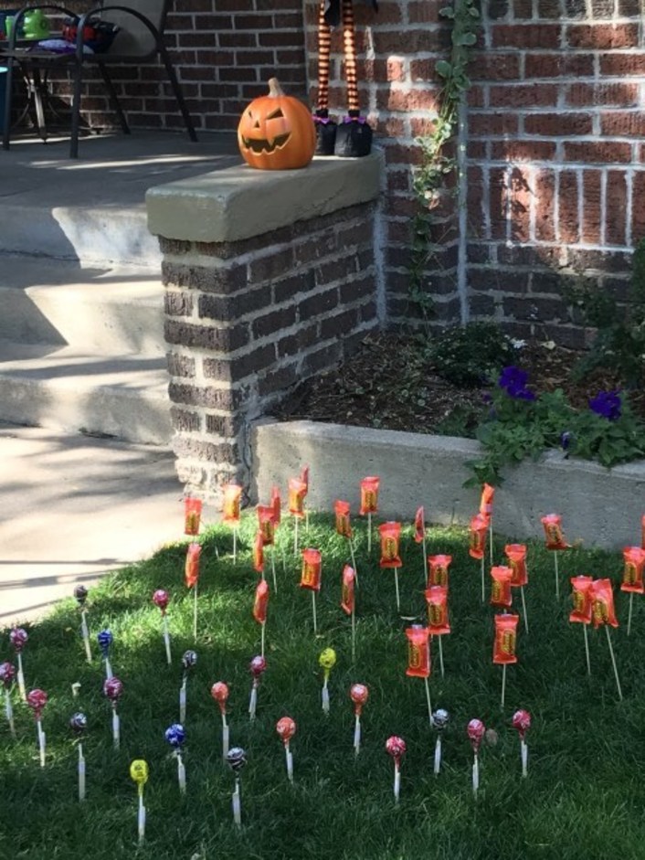 Женщина взяла конфеты, шпажки и устроила "вкусную поляну" на газоне, чтобы соблюдать дистанцию на Хэллоуин