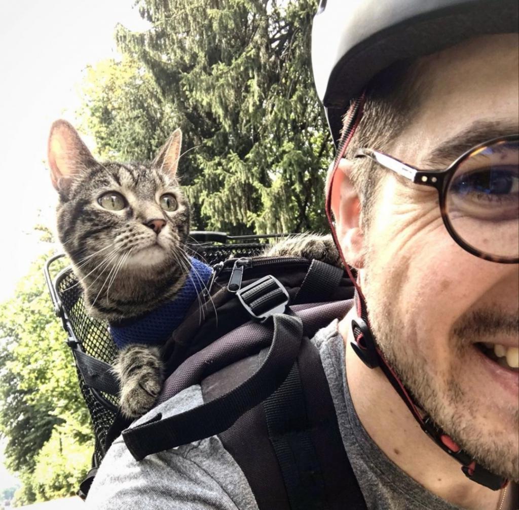 Мурлыкающий пассажир: парень приучил своего кота кататься с ним на лыжах и велосипеде