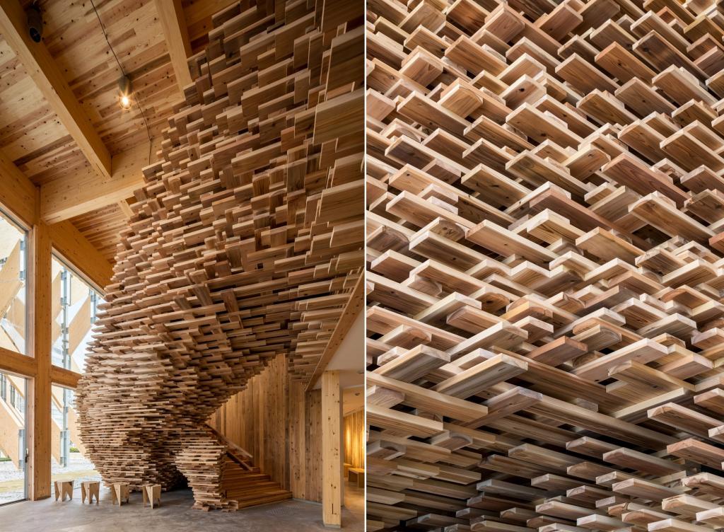 Японский архитектор Кенго Кума создал необычный павильон из клееного бруса в Токио