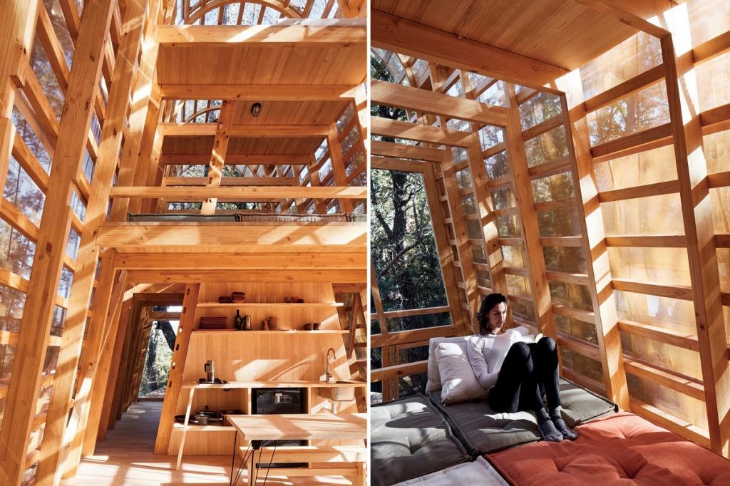 Дизайнеры построили в лесу дом с сетчатыми поликарбонатными стенами, которые отражают тени деревьев днем и освещаются ночью