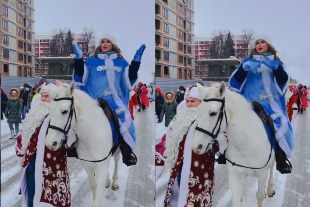 "Так на сцену я еще не ехала": Анна Семенович прокатилась верхом на белом коне на параде Снегурочек в Уфе