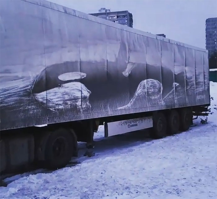 Владельцы грузовиков поделились фото рисунков, которые обнаружили на своих авто: автор - один и тот же человек