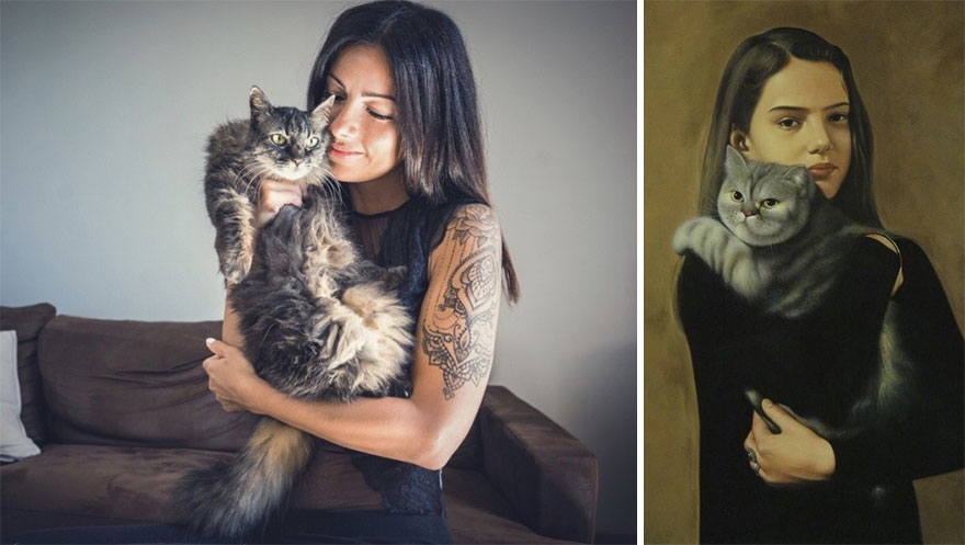 Женщина фотографирует кошек с их хозяйками и сравнивает с картинами, на которые они похожи