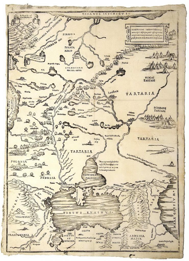 В январе 1525 года по описаниям и опросам путешественника Дмитрия Герасимова была выпущена первая печатная карта Московии - древней Руси