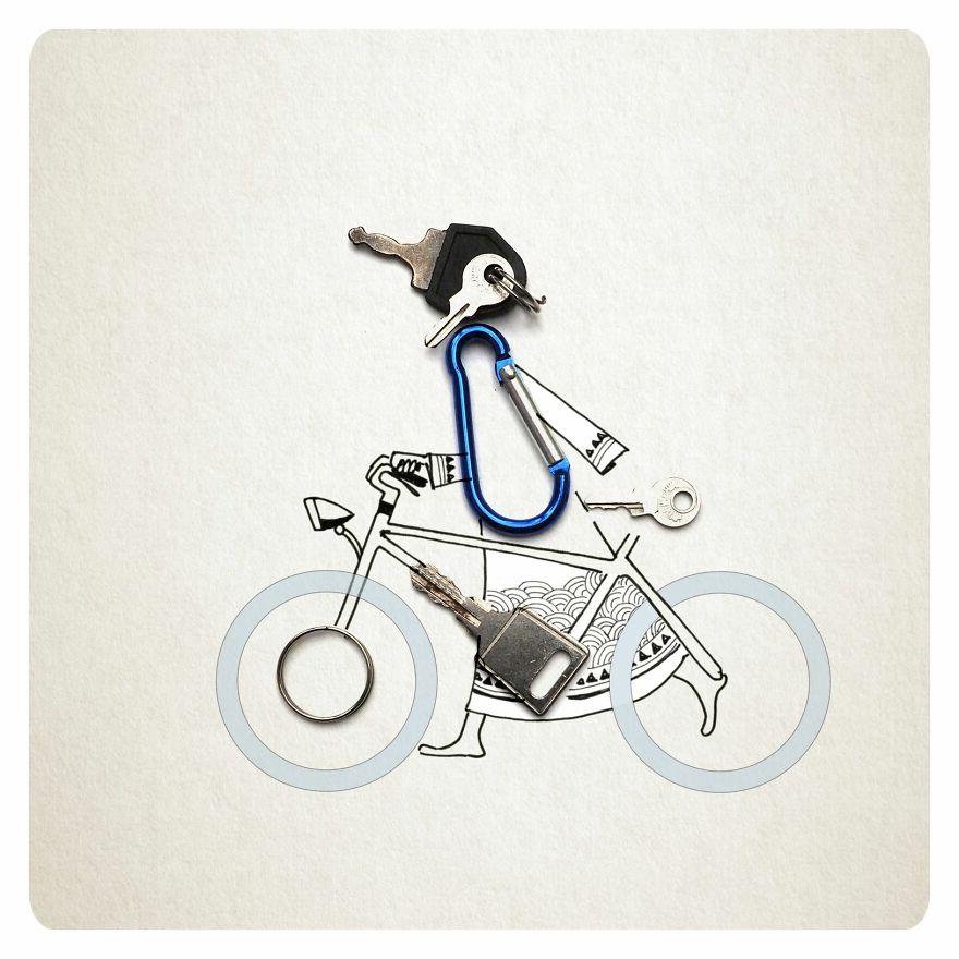 Художник из Индии создает иллюстрации людей на велосипедах и мотоциклах, используя ключи, карабины, замочки