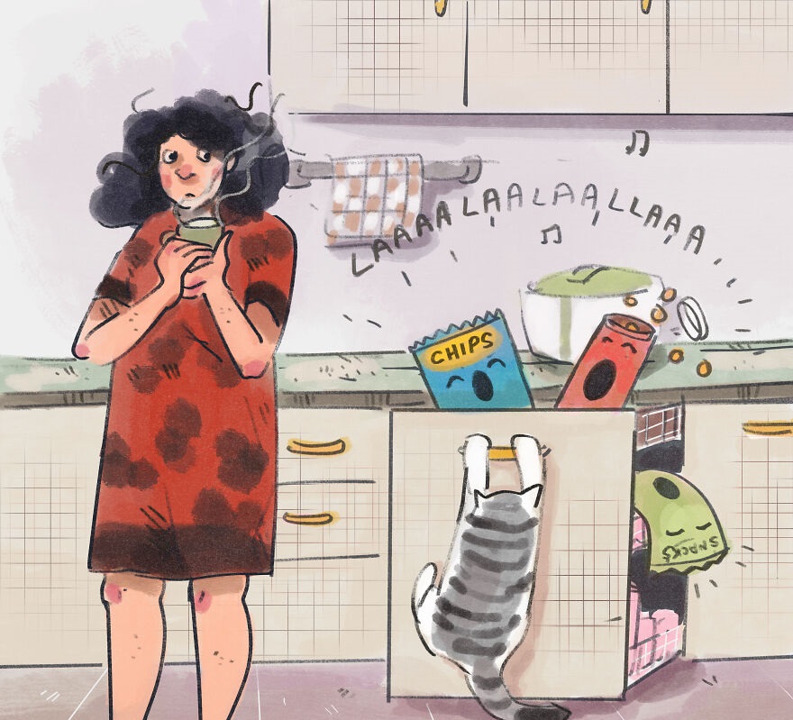 Художница Аннада Менон забавно изобразила, как провела карантин с котом. Ее иллюстрации оценили в Сети