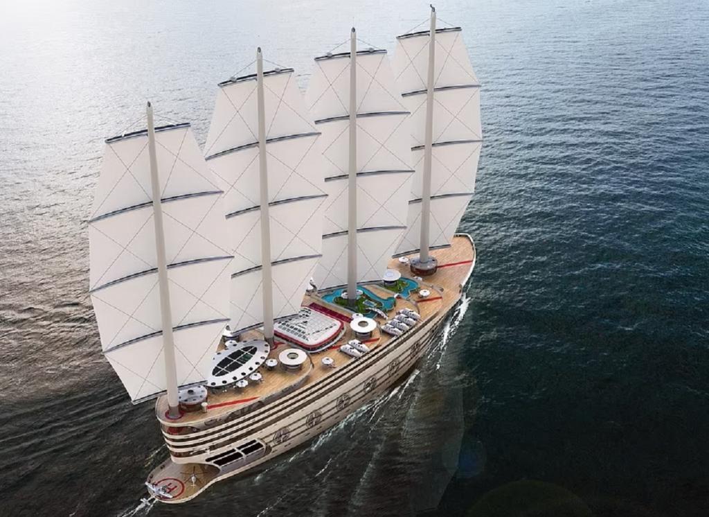 Американская фирма проектирует 158-метровое судно "Галеон" с 4 гигантскими парусами, 8 палубами со спортивными площадками и водной горкой