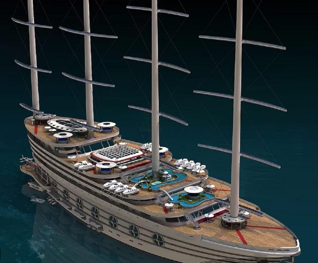 Американская фирма проектирует 158-метровое судно "Галеон" с 4 гигантскими парусами, 8 палубами со спортивными площадками и водной горкой