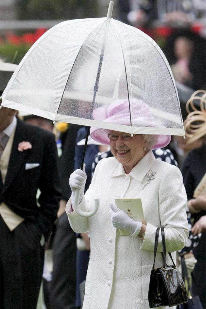 Безупречный вкус: королева Елизавета II умело сочетает свою одежду с цветом зонта
