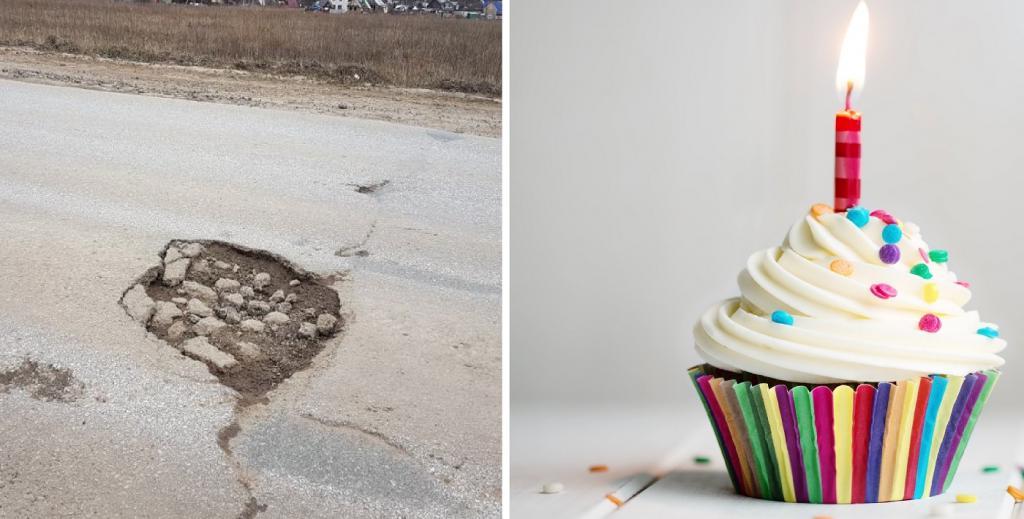 В России тортов было не хватило: мужчина решил отпраздновать "день рождение" выбоины на дороге