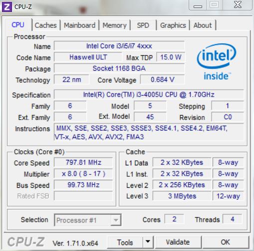 i3-4005U. Характеристики ЦПУ для ноутбука