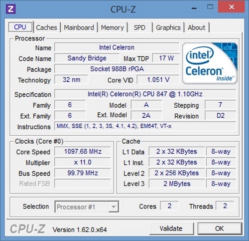 Характеристики Intel Celeron 847 в программе CPU-Z