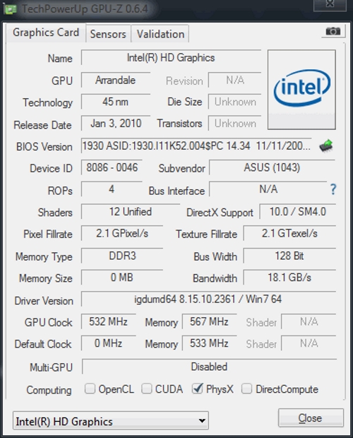 Характеристики Intel GMA 4500M