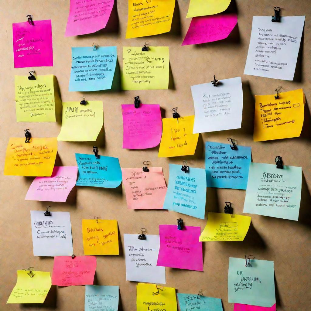 Коллаж из разноцветных стикеров с написанными от руки идеями и фразами на стене, ключевые фразы: планирование, структурирование, мозговой штурм, идеи для контента