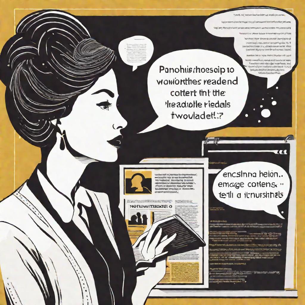Женщина с пузырем мыслей, в котором люди читают ее статью, ключевые фразы: вовлечение читателей, ценный контент, интересные детали