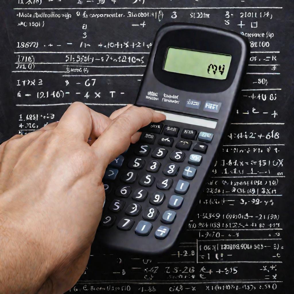 Крупный план руки держащей калькулятор, на котором показано выполнение операции возведения в степень, математические символы написаны на школьной доске. Ключевые слова: математика, степени, возведение в степень, калькуляторы, образование