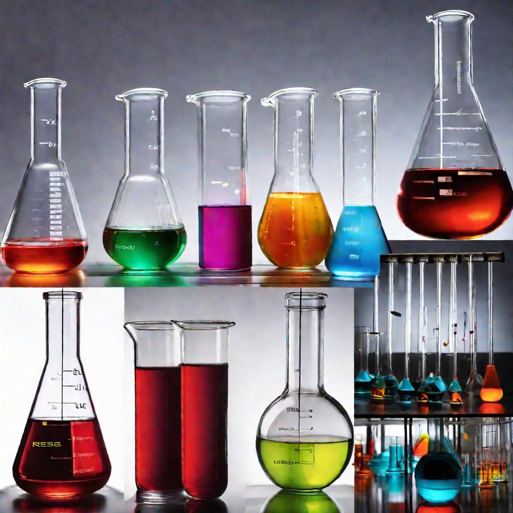 Коллаж из различной лабораторной посуды, заполненной цветными жидкостями, ключевые фразы: эксперимент, химия, исследование, анализ