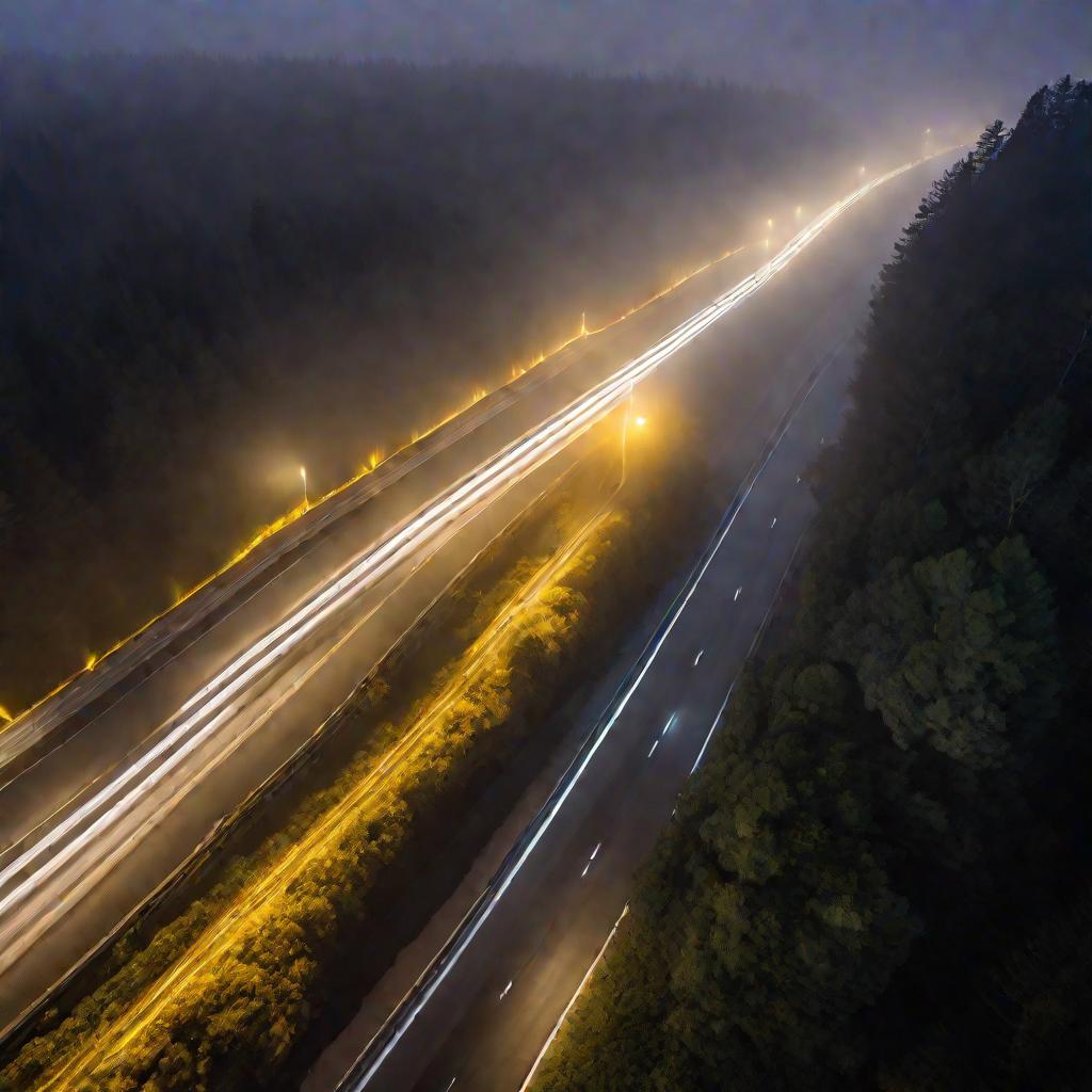 Туманная ночная автострада с включенными противотуманными фарами автомобиля.