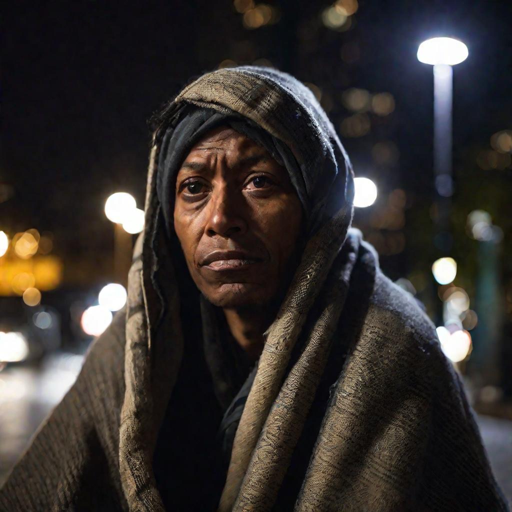 Портрет бездомного на улице ночью