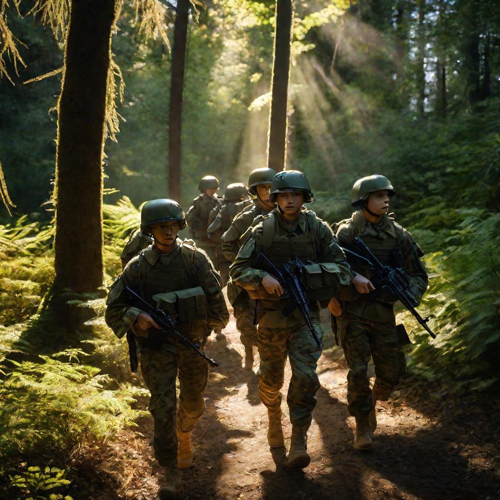 Группа призывников идет по лесу с винтовками