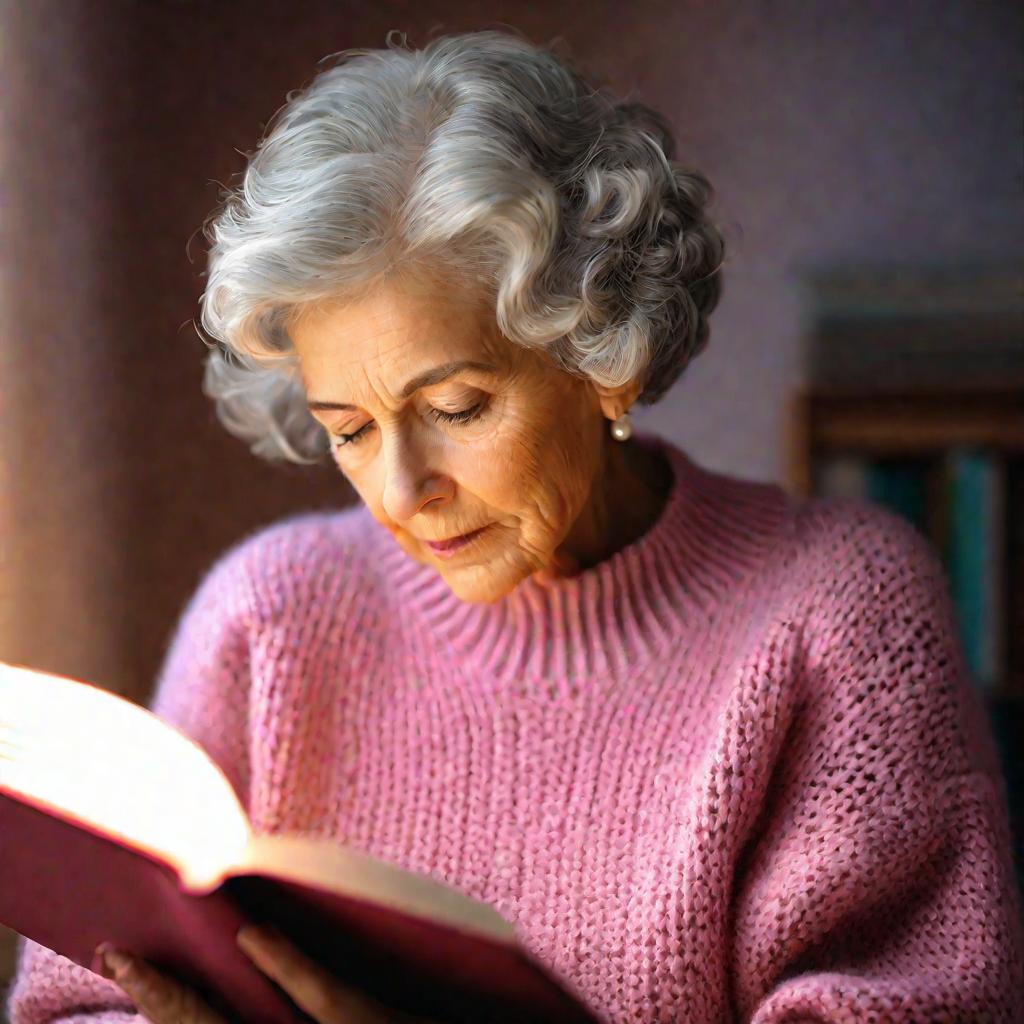 Портрет старой женщины крупным планом в профиль. Она внимательно читает книгу. У нее короткие кудрявые седые волосы, она одета в розовый вязаный свитер и жемчужные серьги. Ее глаза сосредоточены на страницах книги. Освещение мягкое и теплое, выделяющее ее