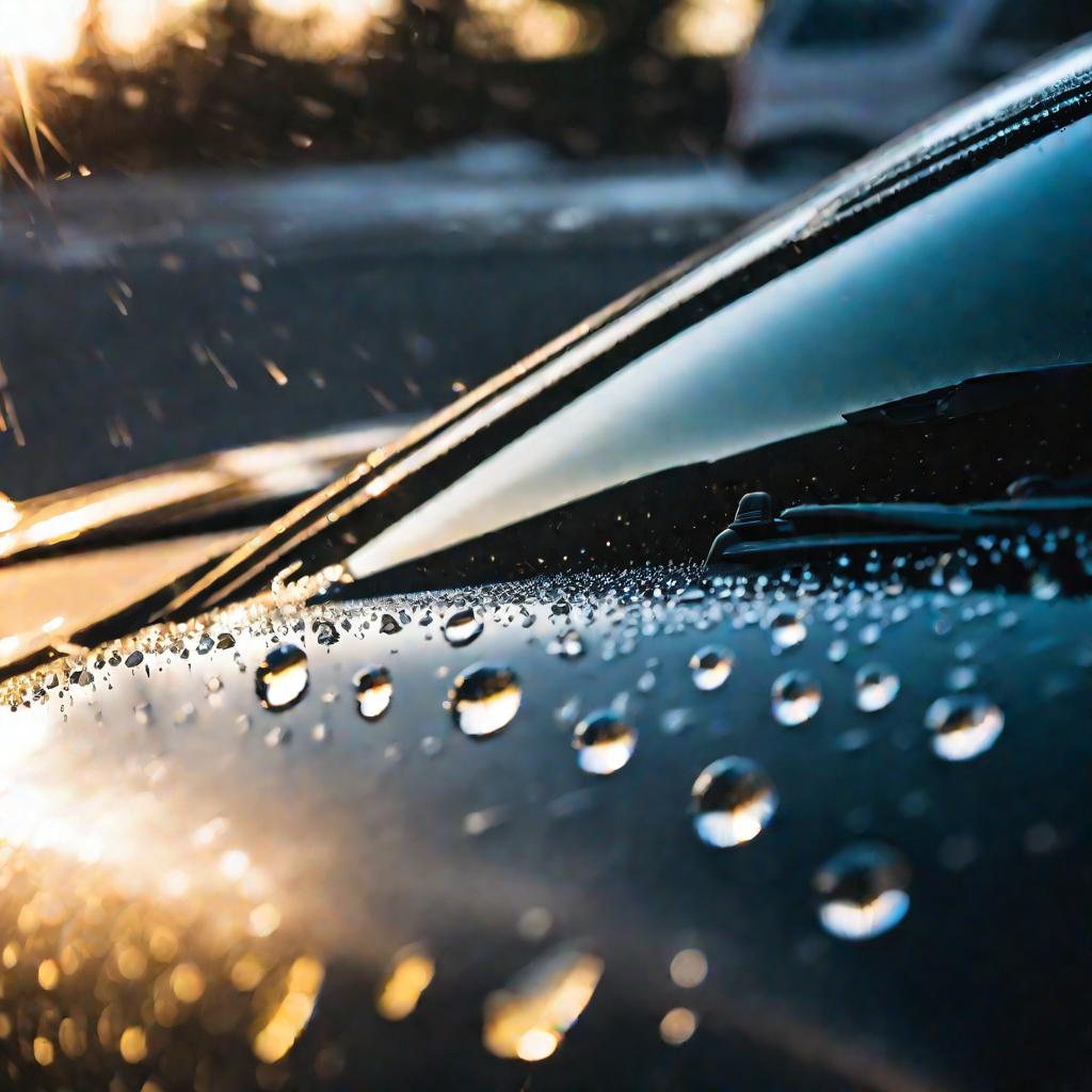 Макросъемка капель воды, падающих на лобовое стекло автомобиля.