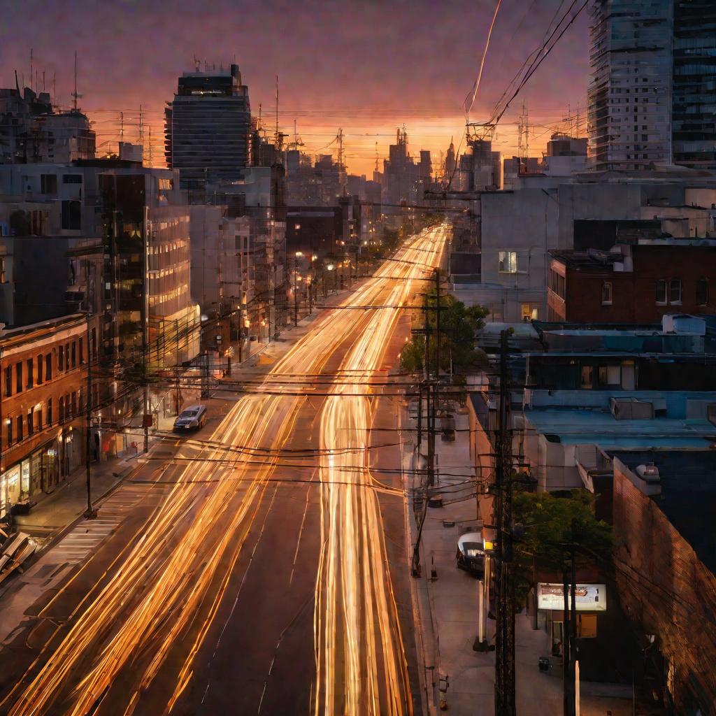 Городская улица с проводами ЛЭП на закате