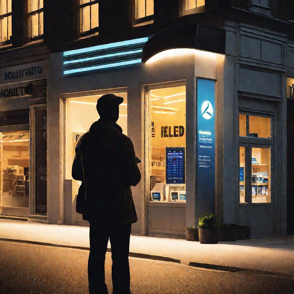 Человек стоит перед магазином оператора мобильной связи в нужде денег