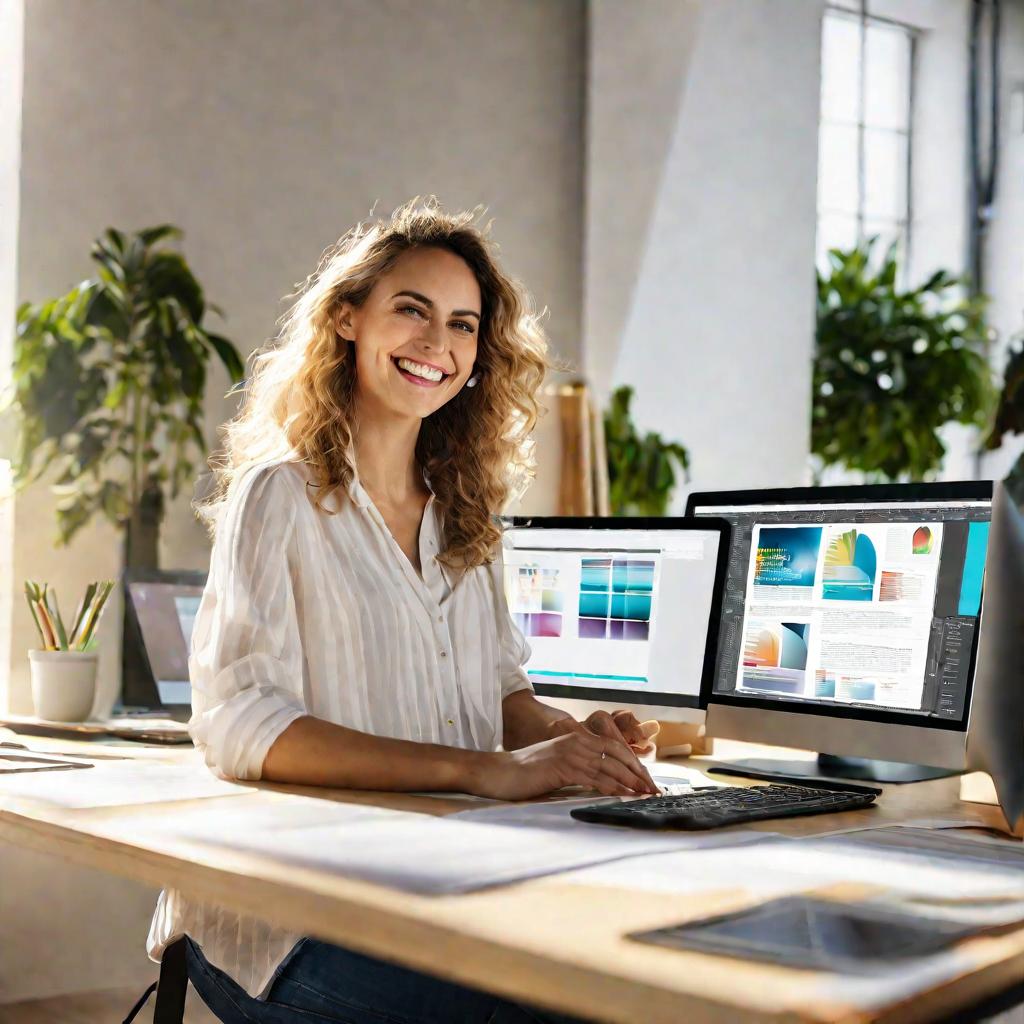 Улыбающаяся женщина-дизайнер сидит за столом с двумя мониторами, просматривая развороты макета брошюры в программе Adobe InDesign, солнечный свет из окна создает яркое и жизнерадостное настроение.