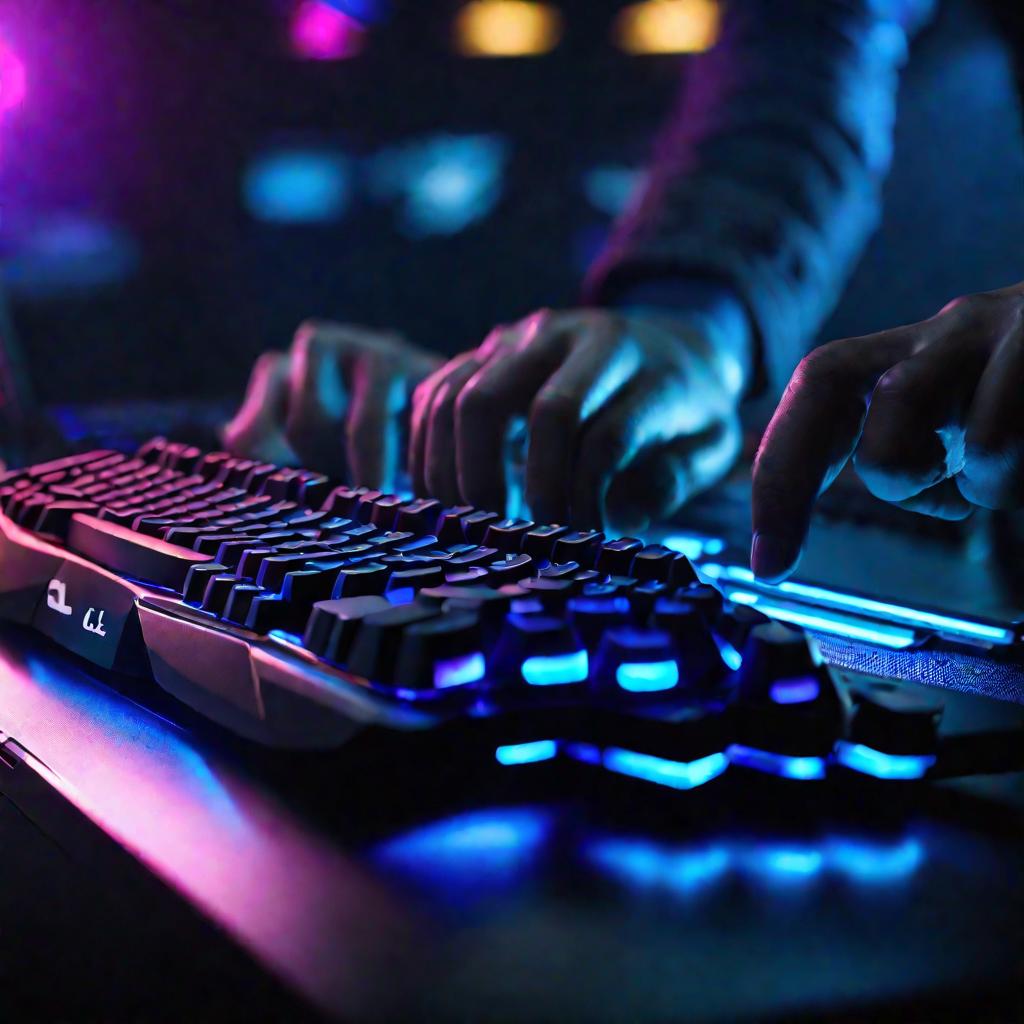 Руки на подсвеченной клавиатуре во время игры.
