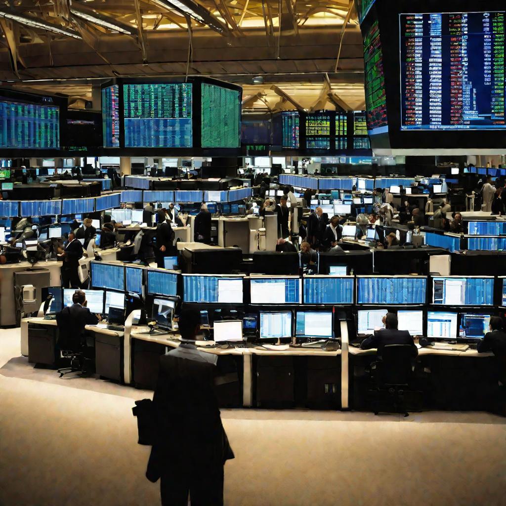 Вид современного торгового зала фондовой биржи изнутри с рядами мониторов, показывающих финансовые данные, и трейдерами, разговаривающими по телефонам во время активного торгового дня. В помещении яркий естественный свет из высоких окон. Люди быстро ходят