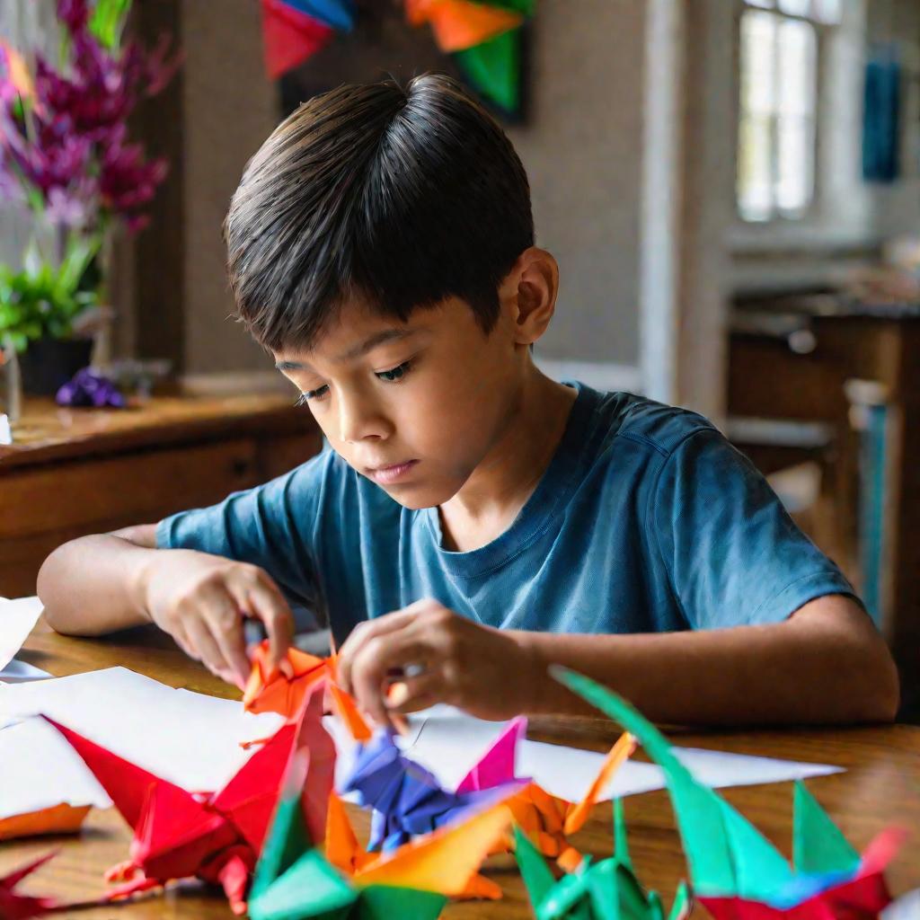 Мальчик за столом, увлеченно складывающий лист бумаги в оригами дракона.