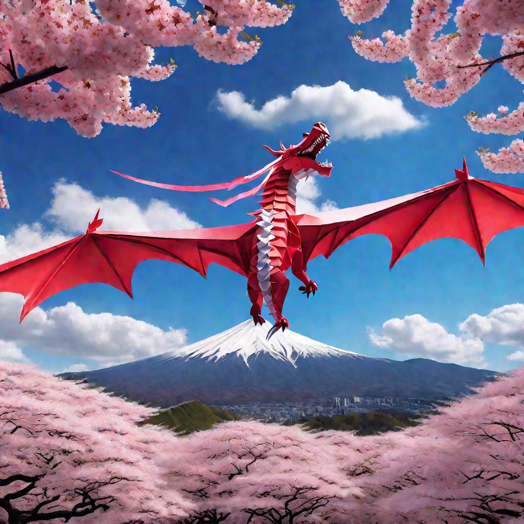 Вид сверху на живописный горный японский пейзаж в цветущими сакура с летящим над ним красным оригами драконом.