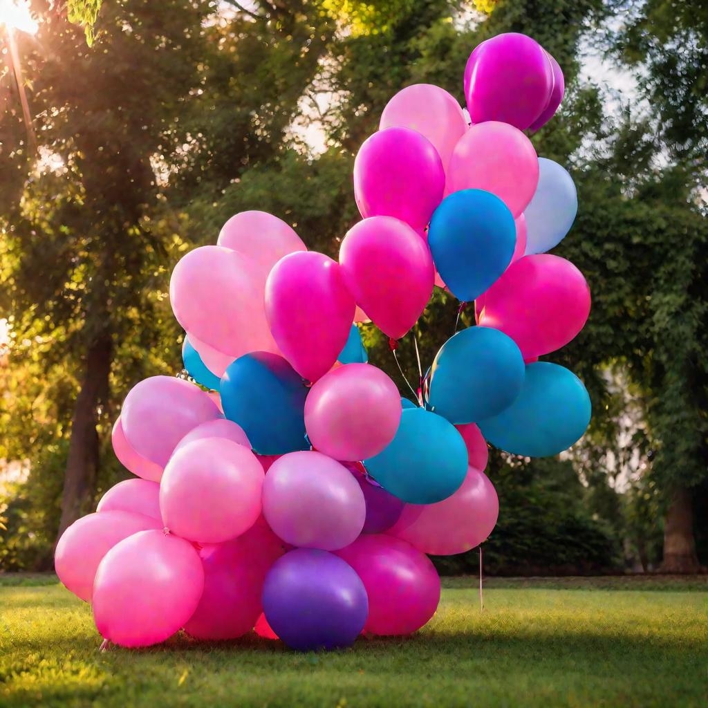 Яркая арка из разноцветных воздушных шаров на фоне парка.