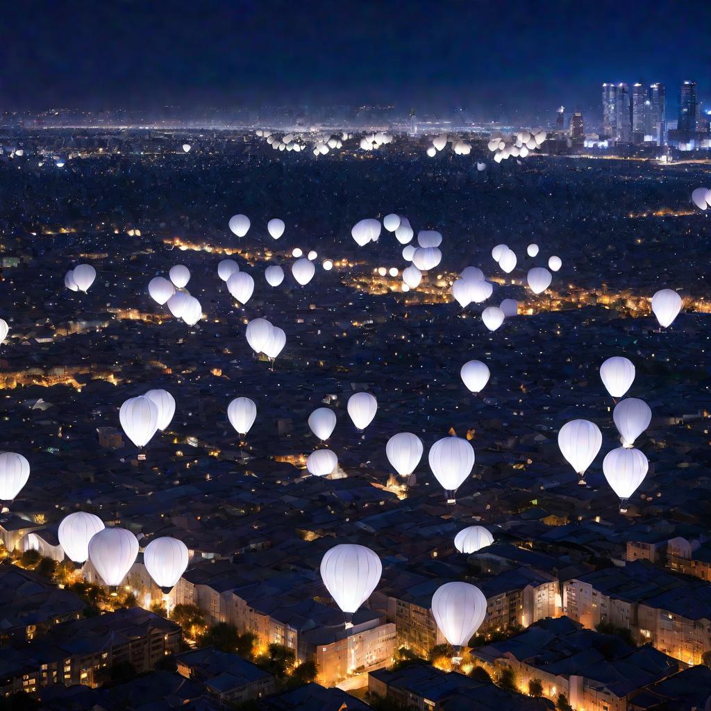 Сотни белых шаров, светящихся в ночном небе над городом.
