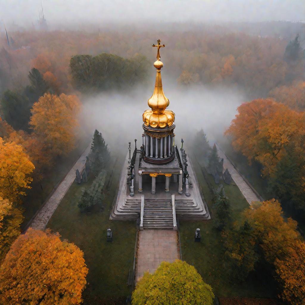 Вид сверху на усыпальницу Чайковского в тумане осенним утром