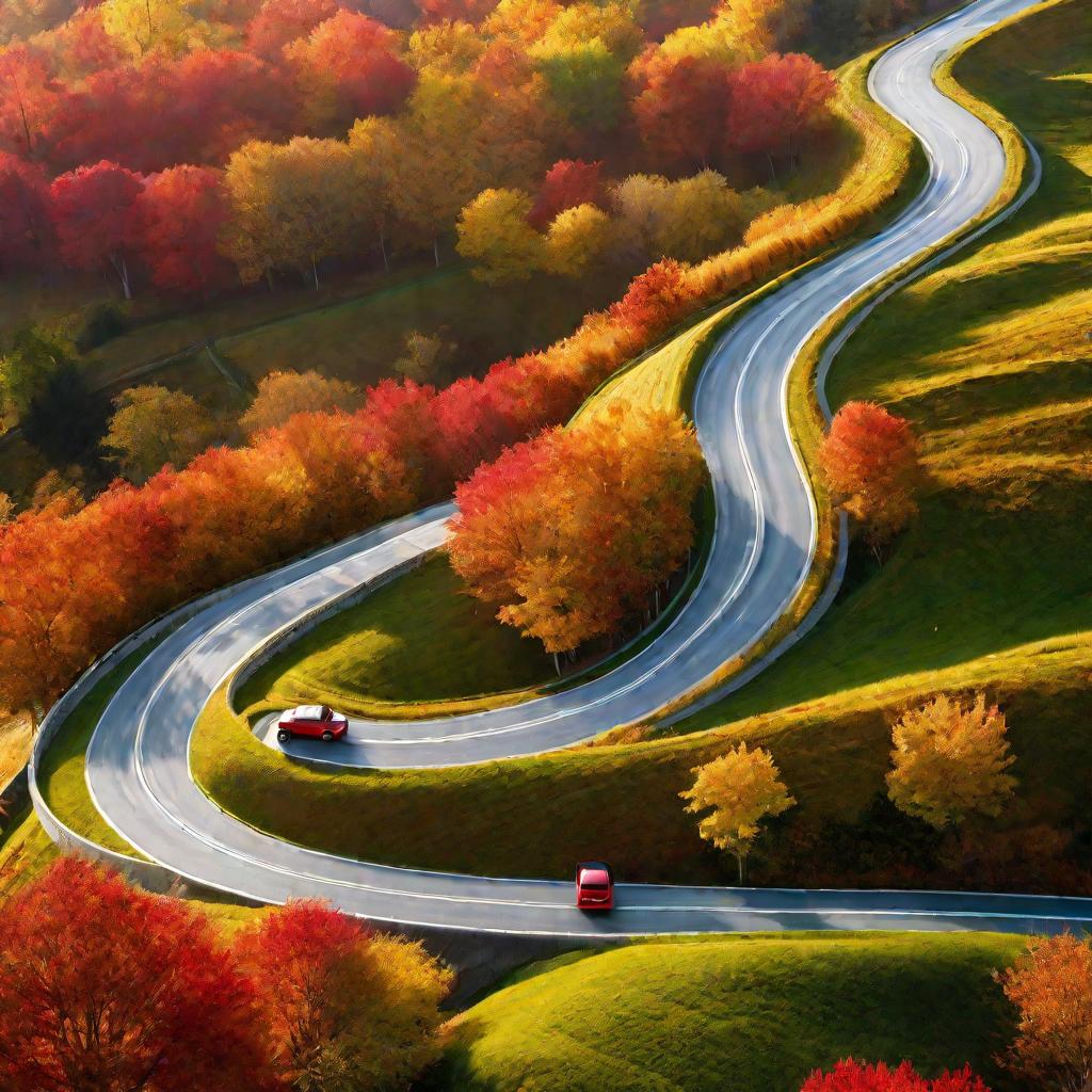 Машина едет по извилистой сельской дороге осенью