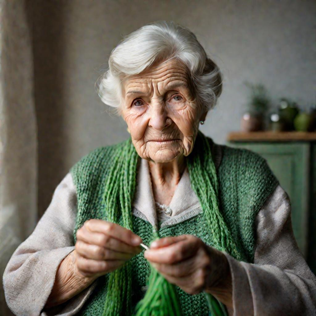 Пожилая женщина демонстрирует вязание