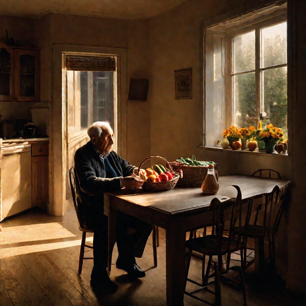 Пожилой мужчина сидит в одиночестве за скудным кухонным столом.
