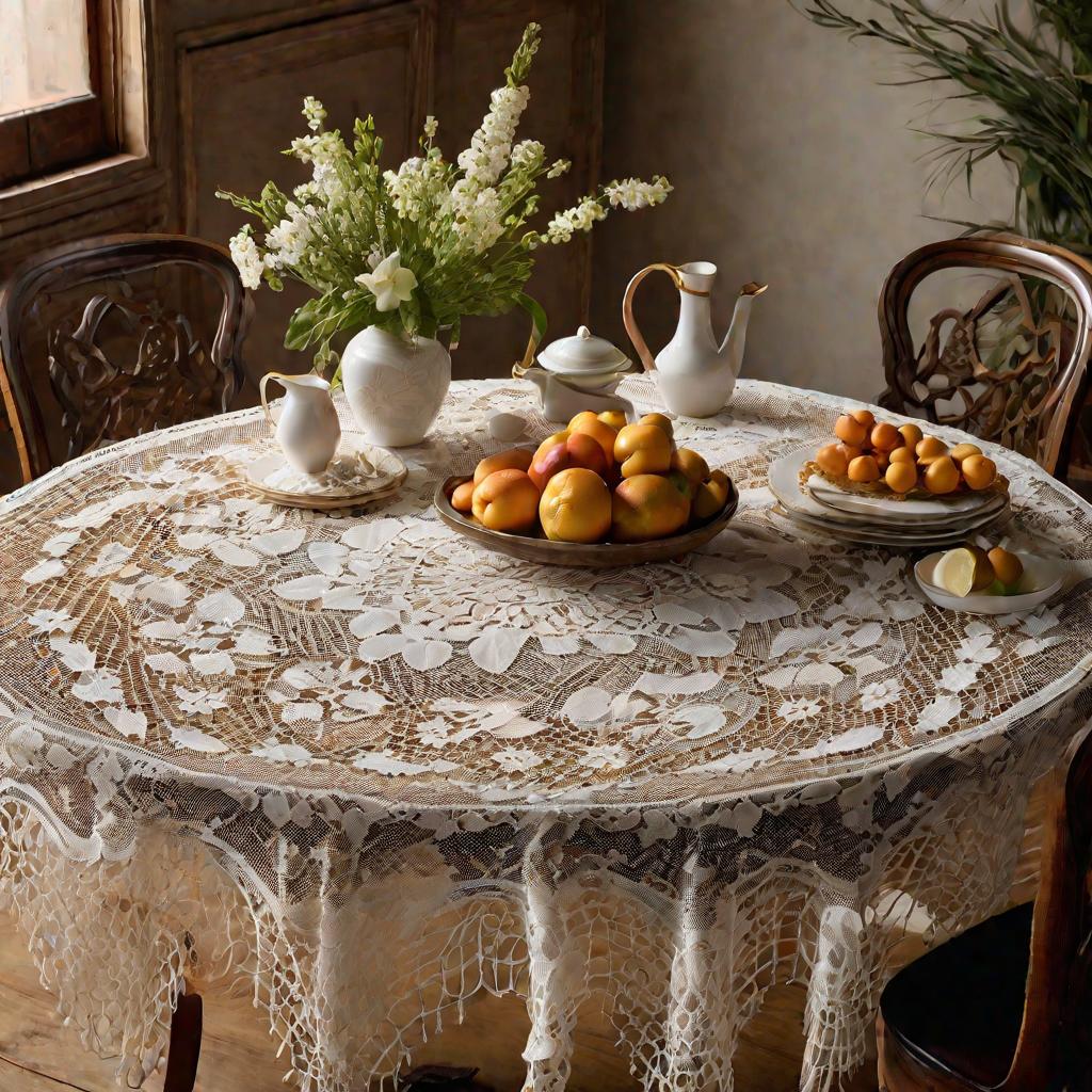 Фото венецианского стола, покрытого кружевной скатертью.