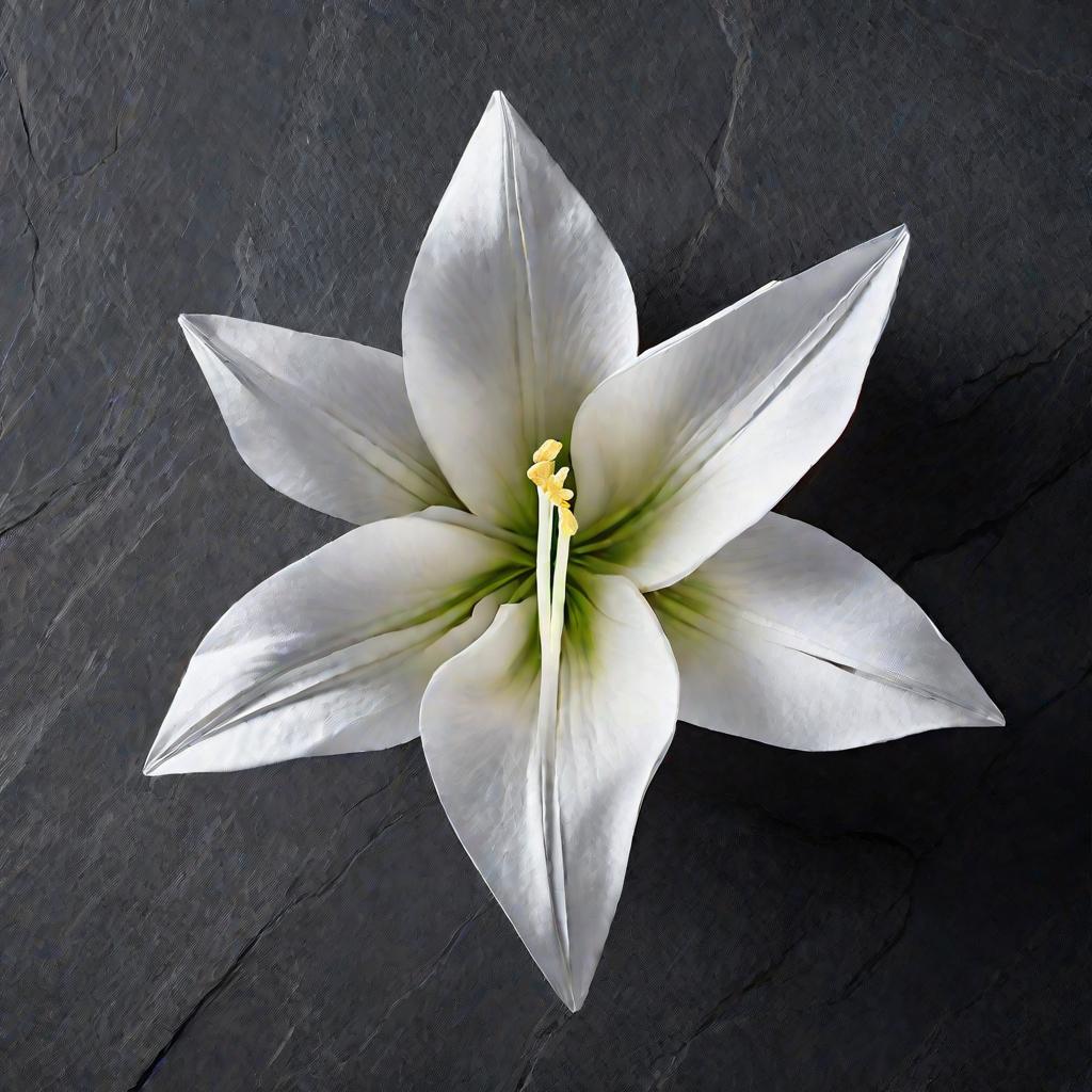 Белая бумажная лилия оригами лежит на серой поверхности